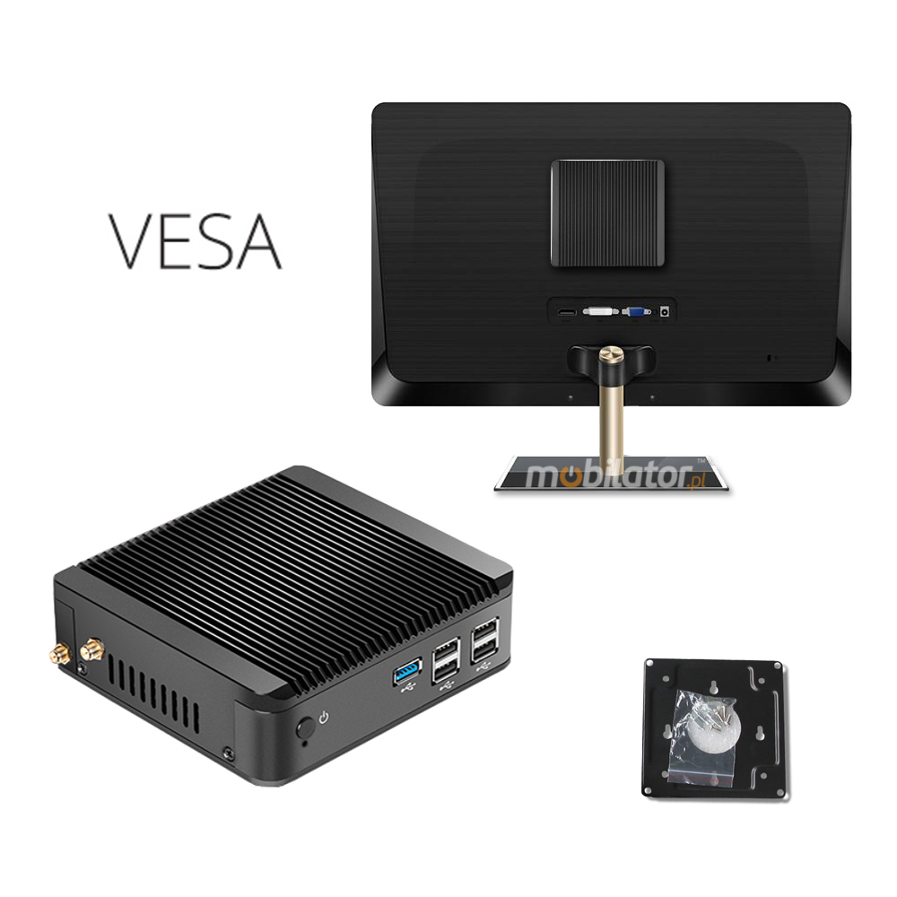 MiniPC yBOX-X30 Wytrzymały wydajny mały fanless z możliwością montażu pod blatem biurka za monitorem za pomocą uchwytu VESA  mobilator pl